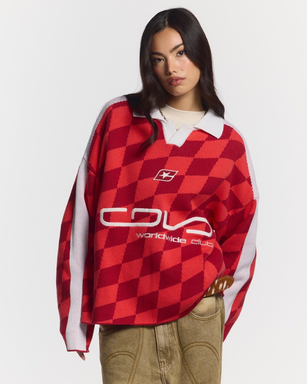 ZAGREB KNIT RED - red checkered knit sweater, front view on female model - Cold Culture #woman