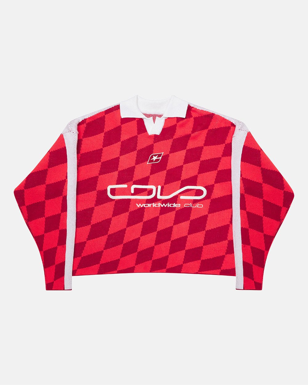ZAGREB KNIT RED - red checkered knit sweater, front view - Cold Culture #packshot