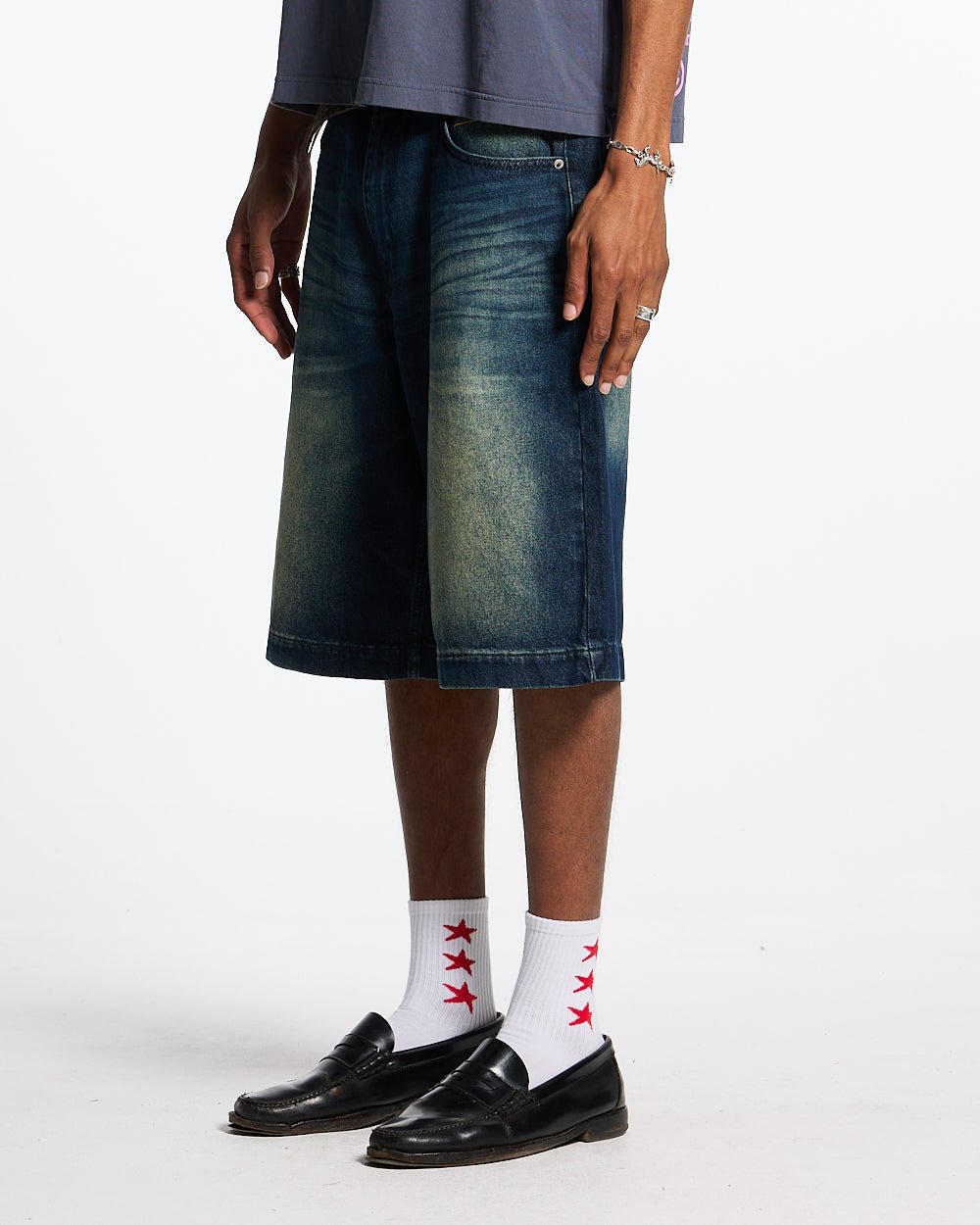 ZENIT SHORTS RAW - dark washed denim shorts, front view on male model - Cold Culture