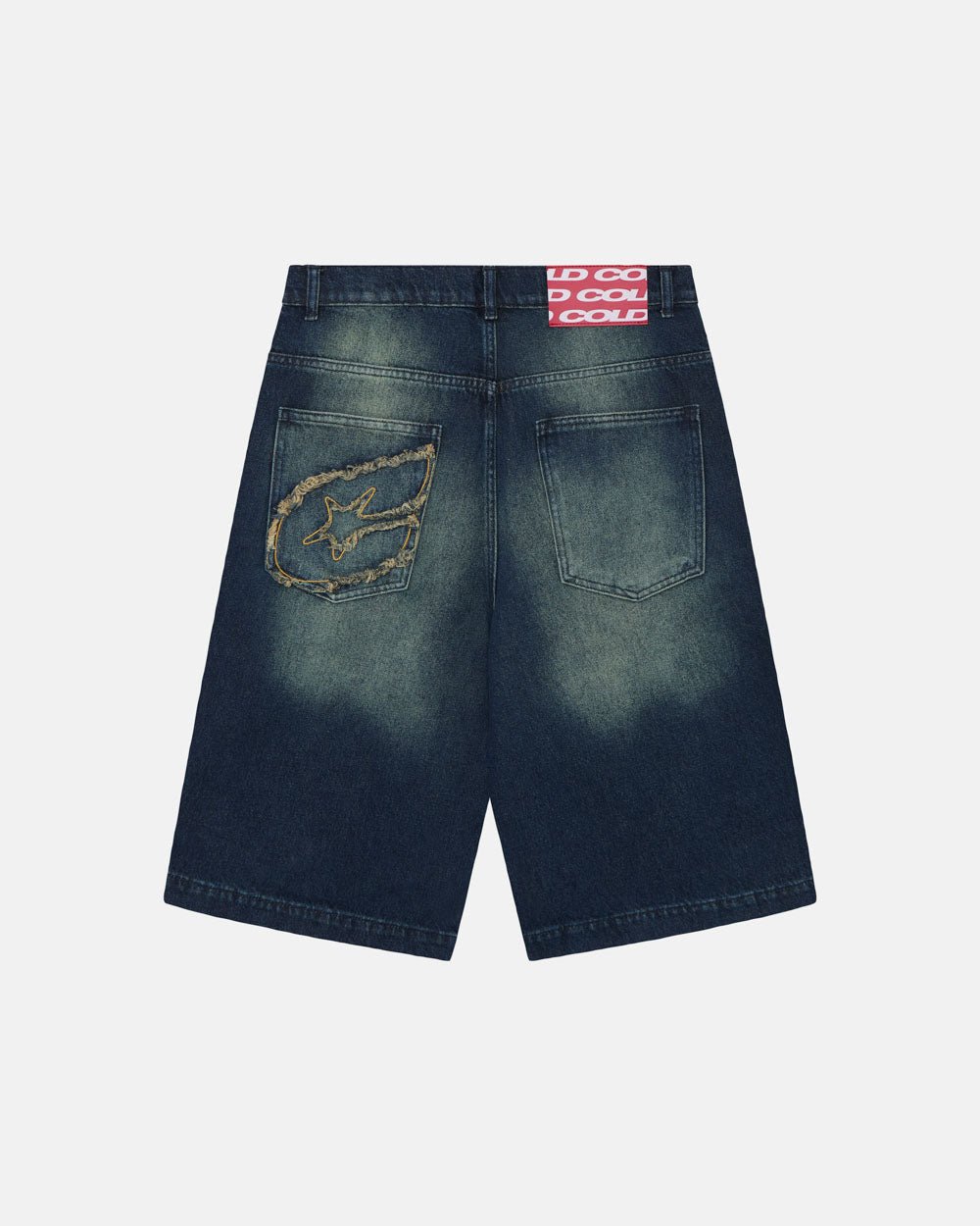 ZENIT SHORTS RAW - dark washed denim shorts, back view - Cold Culture #packshot